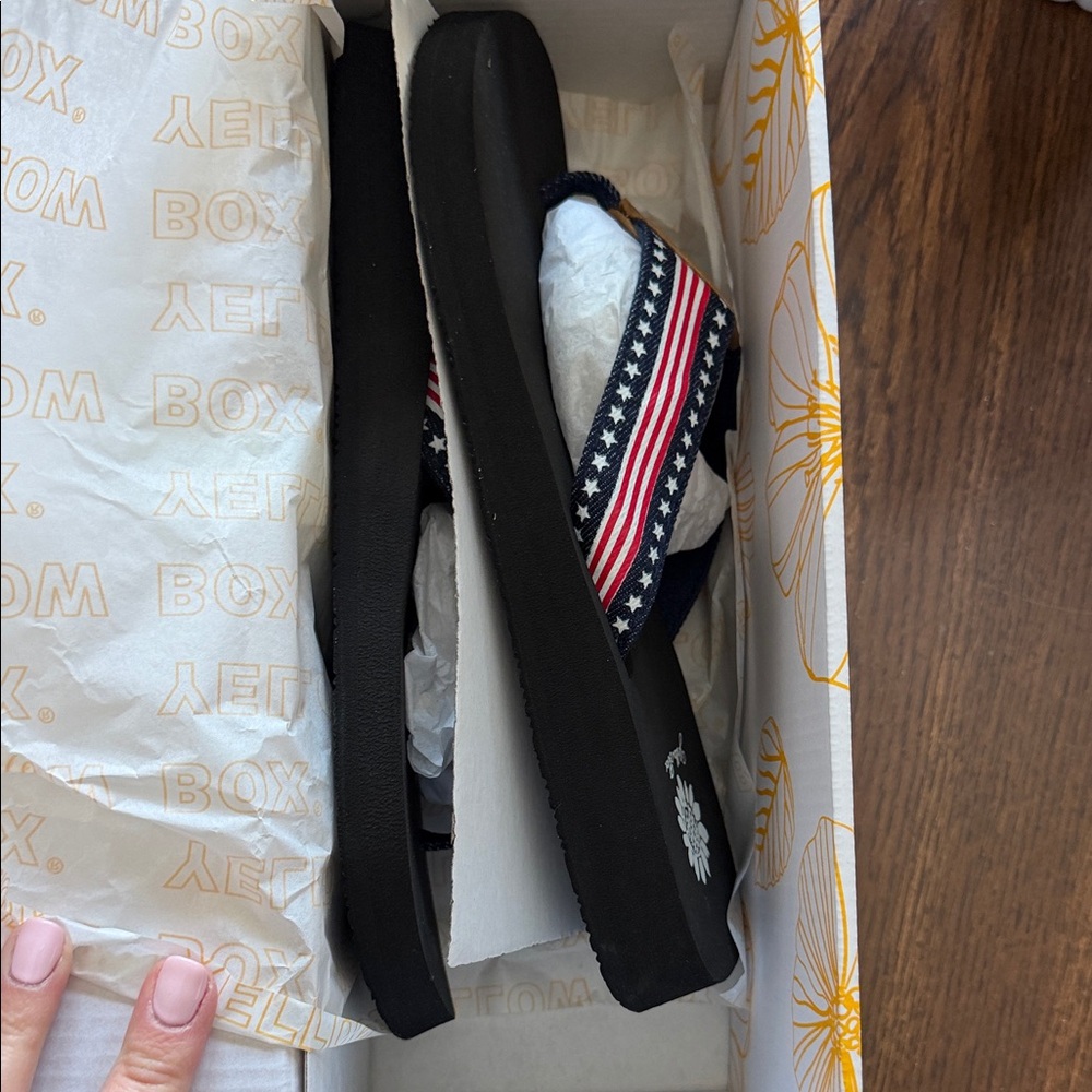Women's Yellow box Flip Flops with Red, White, and Blue Straps